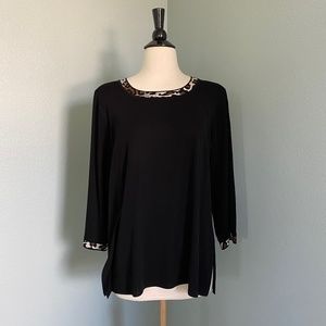 Misook Black Knit Top with Leopard Trim